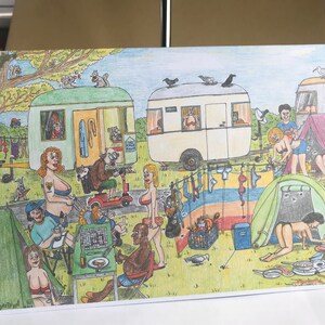 Cartão A5 de acampamento no peito com arte de Steve Royce Griffin divertido cartão de aniversário