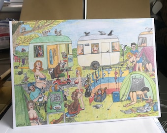 Chest out camping A5 card from artwork by Steve Royce Griffin fun birthday card