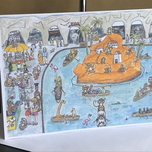 Leuke A5-kaart Chest out bij Monkey Island Felixstowe van kunstwerk van Steve Royce Griffin cartoonverjaardagskaart