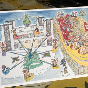Weihnachtsmann auf Achterbahn Rudolf Karte Vergnügungskarte Meer Weihnachtskarte lustige Karikaturkarte Schneemann Karte, Karussell Schneeszene Karte
