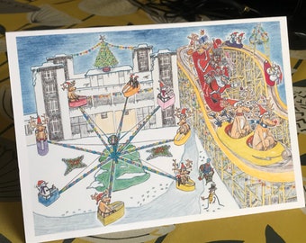 Santa Roller Coaster pack of 4 Cards: Seaside Amusement Park with Rudolf A5 size