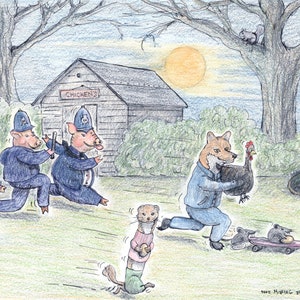Tarjeta A5 con dibujos de animales de policías y ladrones hechos a mano a partir de ilustraciones originales.