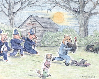 Cops and Robbers animal cartoon A5 Card from original hand drawn artwork.