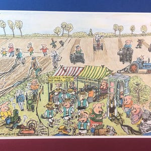 A5-kaart Hoeven en ploegen dag cartoon van kunstenaar Steve Royce Griffin boerderijscène in de velden verjaardagskaart leuke Morris-dansers