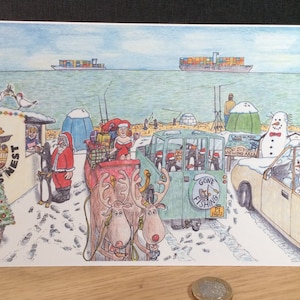 Carte de pause thé du père Noël sur la plage Carte de Noël Carte de penquin amusant Carte de pêche de Noël Carte de père Noël avec café Carte de bonhomme de neige Carte de pêche avec scène de neige.