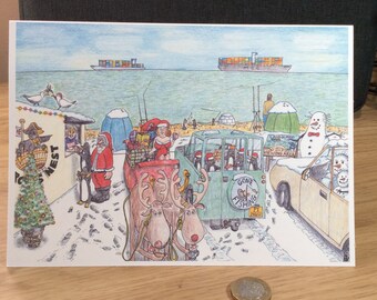Santa's Tea Break Card X4 : Penguin Fishing on beach A5 size fun card.