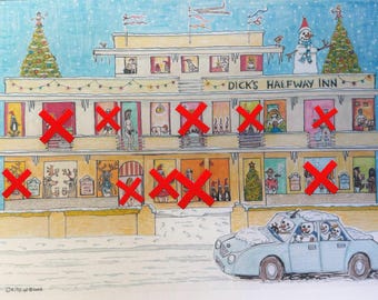 Dicks Rude Inn Christmas card X4 .. A5 by artist Steve Royce  Griffin. Over 18 Only (Rude bits covered by red X)