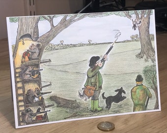 Squirrel Gun Club A5 Card, Cartoon Shooting Scene