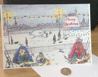 Santa Fishing Christmas Card X4 : Rudolf Winter Scene Fun cards.