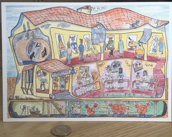 Crooked House Cartoon Art Card: Whacky Funhouse Design, A5