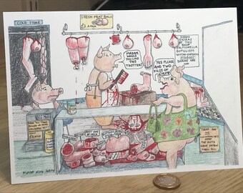 Funny Pigs Butcher Shop Card, Original Artwork