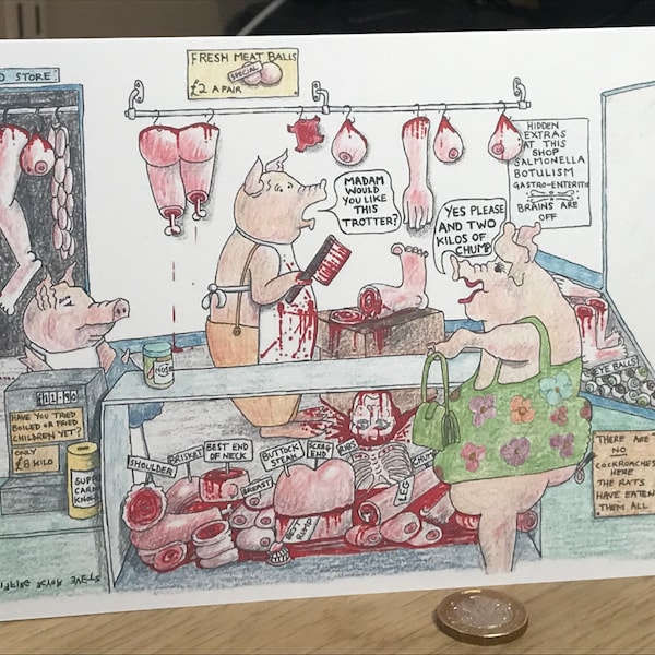 Pork Chops card pigs card vegetarian card butcher shop card funny pigs card