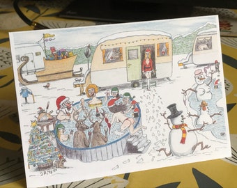 Funny X4  Rude Nude Santa Hot Tub Christmas Card  : Saucy Xmas artist card A5 size