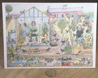 Saucy Greenhouse Cartoon Card: Rude Gardening Humor