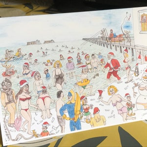 Weihnachtstag Karte, freche rude Santa Karte, Tiefseetaucher, Bikini tragen Karte, Angelrute Weihnachtskarte, Kostüm, Weihnachten schwimmen Karte
