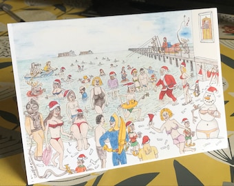 Funny Christmas Swim Card X4 : Rude Santa, Saucy Xmas Dip