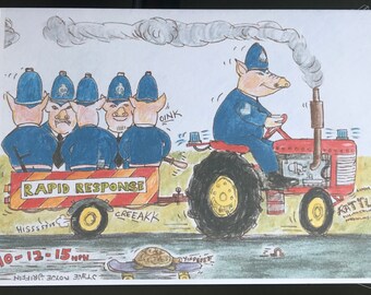 Pigs on Tractor A5 Card | Police Cartoon Art by Steve Royce