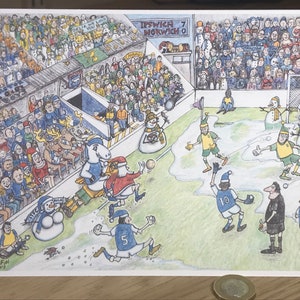 Ipswich Town speelt Norwich City Football club Portman Road Ipswich cartoon leuk voetbal kerstkaart sneeuwbal Kerstman voetbal gekke kaart