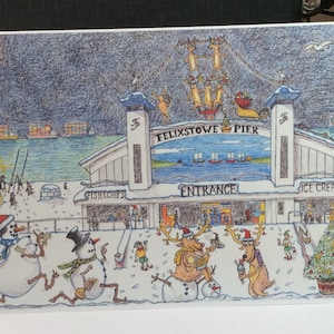 Kerst Felixstowe-pierkaart sneeuwmannen en sneeuwvrouwen plezierkaart A5-formaat