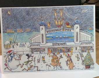 Felixstowe Pier Christmas Card X4 : Snowman & Reindeer Fun (A5 Size)