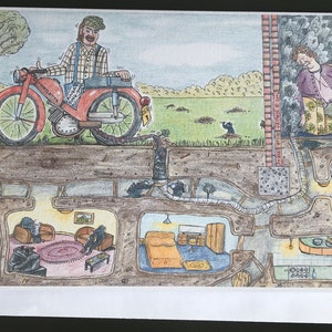Moles Ringa Ding Ding A5-kaart van kunstenaar Steve Royce Griffin Fun Mole-kunstwerk en ondergronds huis