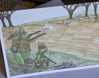 Funny Rabbit Shooting Humans A5 Card by Steve Royce Griffin