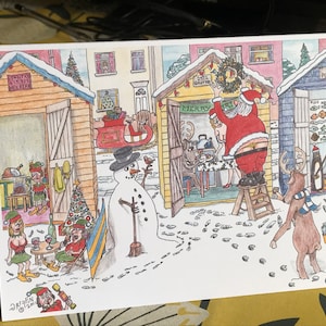 Kerstman bij strandhut, pantalon met string, pinguïns, kerstkaart aan de kust, leuke elfenkaart, sneeuwlandschap strand, leuke kerstkaart strandhut aan zee