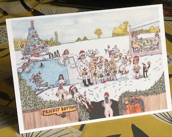 Rude Xmas Card X4 : Santa's Nudist Camp, Saucy Snowman A5 size