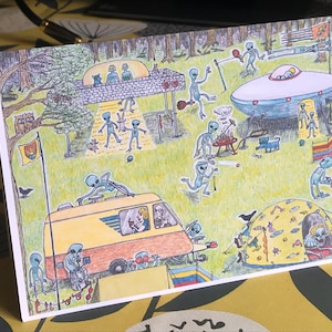 Cartão de piquenique da Caravana Alienígena, OVNI da Floresta de Rendlesham, Cartão de nave espacial, Cartão divertido de OVNI, Cartão de nave espacial alienígena