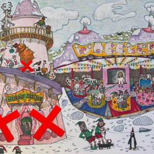 Op de afbeelding: Een grillige, kleurrijke illustratie van een wintercarnavalsgebeurtenis. Het kunstwerk toont een toren met de tekst "Horny Skelter" en een attractie genaamd "Wobbler". Verschillende stripfiguren, waaronder elfen, pinguïns en een rendier, worden afgebeeld in een besneeuwd landschap.