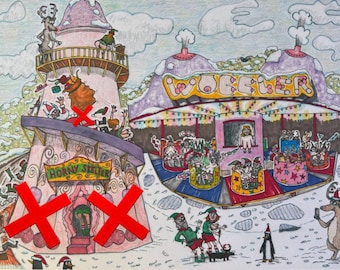 Rude Santa Card X4 , Over 18 Rude bits (red cross) Funfair Art by Steve Royce Griffin