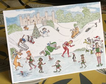 Saucy Santa Card pack of 4 , Ice Skating Scene