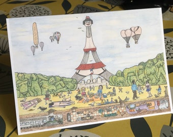 Fun Eiffel Tower Paris Card: Risque Cartoon Art