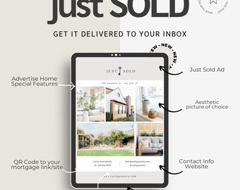 May include: A digital advertisement for a real estate listing. The ad features a photo of a house with a key icon and the text "Just Sold". The ad also includes the address, phone number, and website of the real estate agent.
