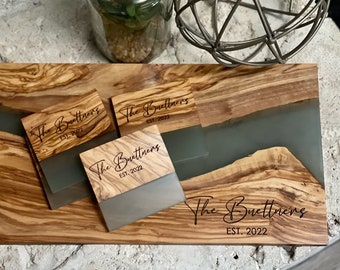 Olive Wood and Resin Personalized Charcuterie Board/Coasters/Serving Board Tray/Custom Cutting Board/Realtor Gift/Engagement Wedding Gift