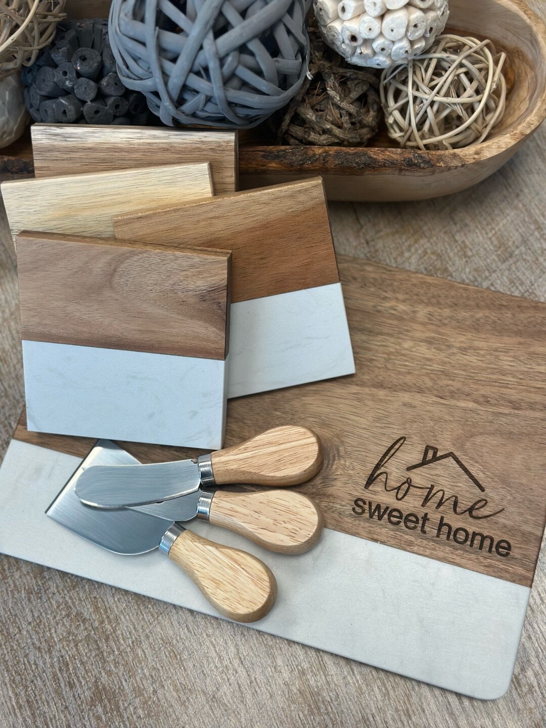 Personalized Acacia Wood Serving Board With Marble Coasters, Engraved ...