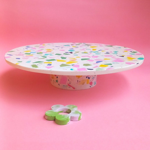 Round terrazzo cake stand for cake, muffins, fruit on a round, removable leg