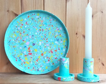 Blue living room tray / Round serving tray / Large terrazzo stand