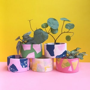 May include: Five colorful concrete planters with geometric patterns in pink, green, blue, yellow, and gold. The planters are stacked in a pyramid shape with a green plant in the top planter.