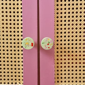 May include: A cabinet with a woven cane panel and two doors painted in a vibrant pink colour. The doors have round, light green knobs with colourful terrazzo-style flecks, adding a playful touch to the design.