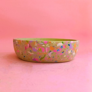 May include: A round, low-profile bowl with a speckled design. The bowl's exterior is a light tan color, with colorful flecks of pink, blue, orange, and green. The interior is a solid light green. The bowl sits on a pink surface.