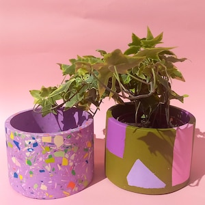 May include: Two colorful planters, one with a purple and green speckled design and the other with geometric shapes in pink, purple, and green, both with a leafy green plant.