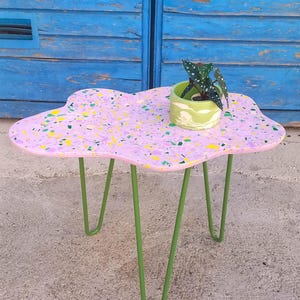 May include: A pink terrazzo cloud-shaped side table with green hairpin legs. A small potted plant sits on the table.