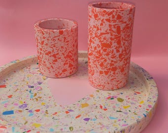 Vase, round accessory container, for desk, for bathroom, terrazzo, pink