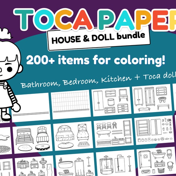 Toca Boca Print Bundle zum Ausmalen, Schlafzimmer, Bad, Küche & Puppenset | 200+ druckfertige Objekte | Mädchen Aktivität | Toca zum Ausdrucken