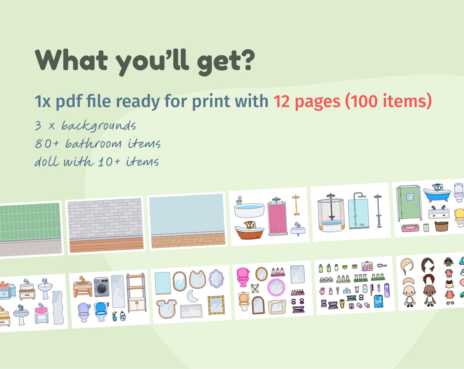 Toca Boca Paper House Bathroom Set + Paperdoll, 100 Items for Print