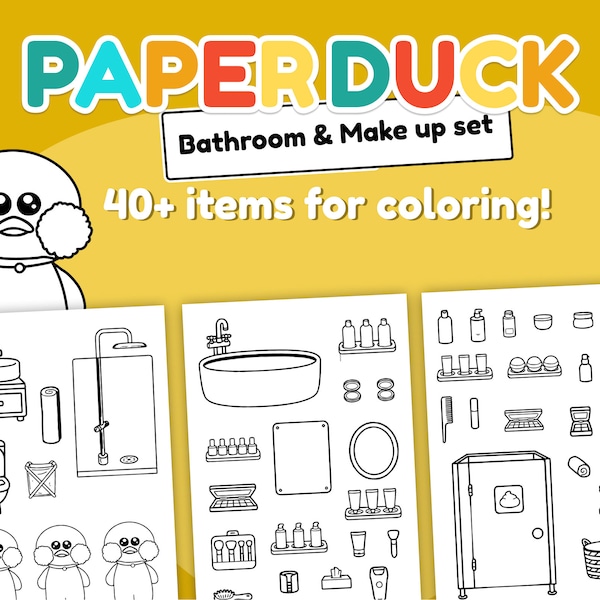 Printbare set Paper Duck om in te kleuren | Badkamer-, make-up- en huidverzorgingsbundel | Klaar om direct te downloaden en af te drukken | 40+ artikelen