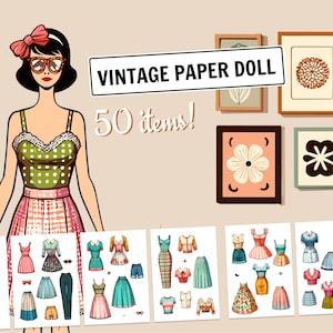 Bambola di carta vintage stampabile / bambola di carta degli anni '50 con vestiti e accessori / bambola di carta retrò vecchio stile / bambole ritagliate