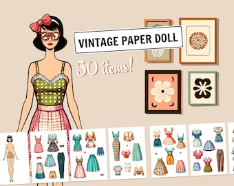 Puppe aus Papier zum Ausdrucken | 1950er Jahre Papierpuppe mit Kleidung und Accessoires | Altmodische Retro Papierpuppe | Ausgeschnittene Puppen