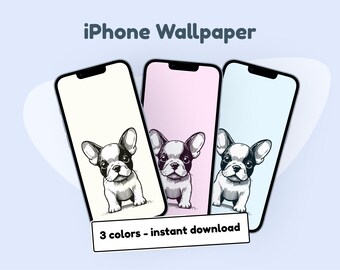 Franse Bulldog-achtergrond iPhone | schattige hond iPhone behang | lijntekeningen, voor alle iPhones - iPhone X tot iPhone 15, schattige esthetische achtergrond